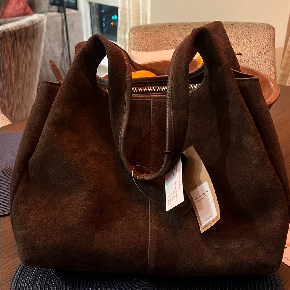 NWT MARGOT NEW YORK CHOC BROWN SUEDE 2 HANDLE PURSE TOTE CHIC ELEGANT ESPRESSO